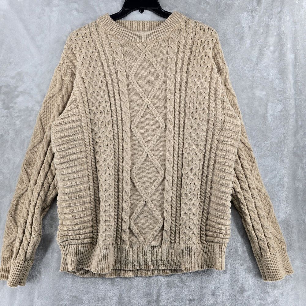 ELFRIC EDEN Men's XXL Tan FISHERMAN Chunky Knit Sweater Crewneck